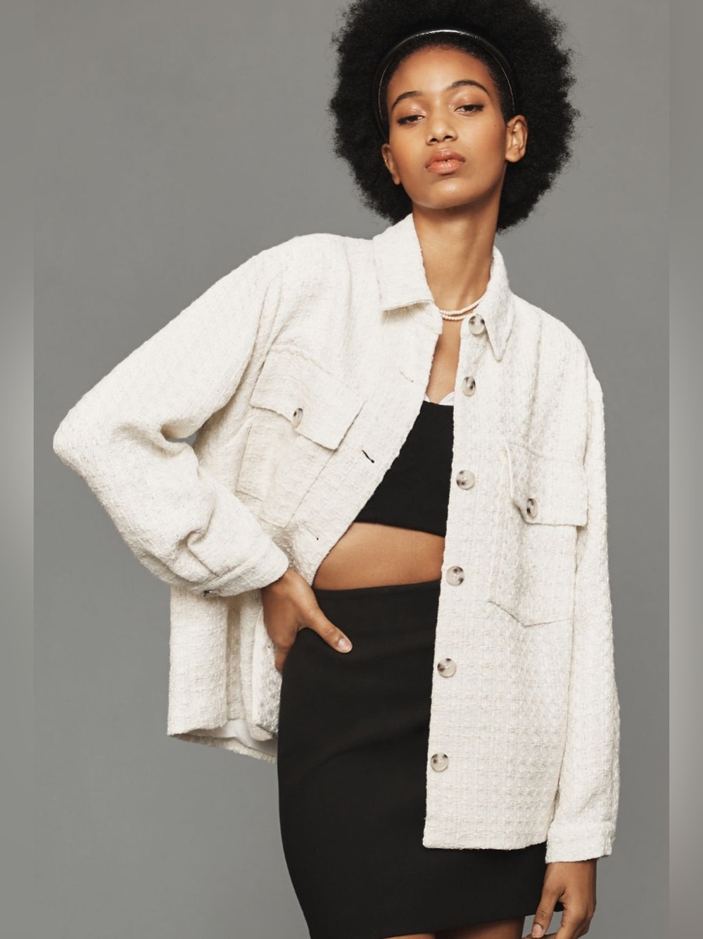 Anthropologie Maeve Ivory White Tweed Shacket Jacket EUC Size XSP